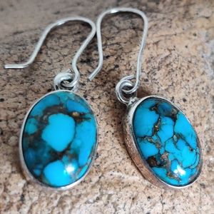 Genuine Natural Spiderweb Turquoise Dangling Earrings Sterling 925 Silver